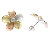 YELLOW ROSE GOLD SILVER 925 TRICOLOR HAWAIIAN PLUMERIA STUD EARRINGS CZ 8MM-18MM (PE-52)