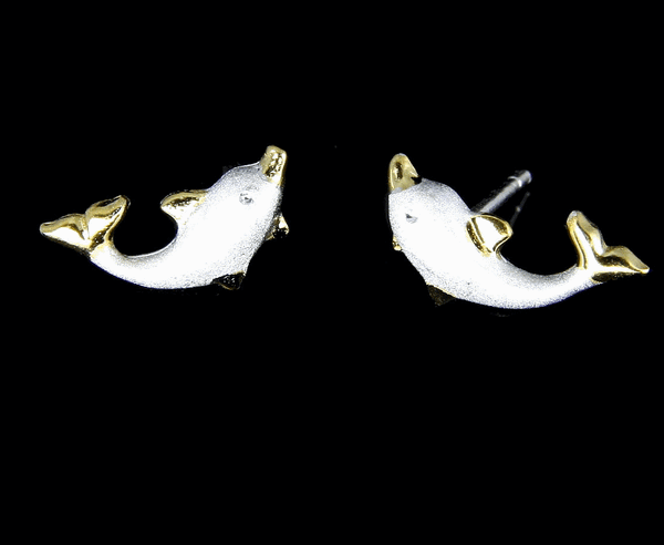 STERLING SILVER 925 YELLOW GOLD PLATED 2 TONE DOLPHIN STUD POST EARRINGS SMALL (DJ-1)