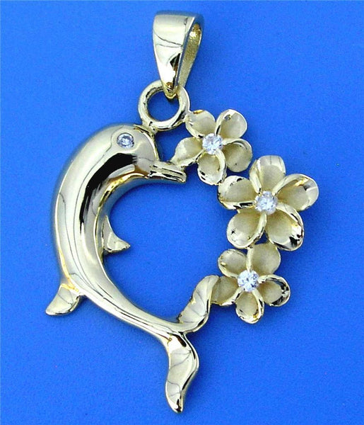 YELLOW GOLD SILVER 925 HAWAIIAN PLUMERIA FLOWER SHINY DOLPHIN PENDANT HEART (DJ-26)