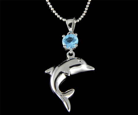 GENUINE BLUE TOPAZ STERLING SILVER 925 HAWAIIAN DOLPHIN PENDANT RHODIUM (DJ-28)