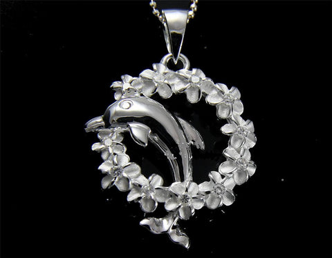 SILVER 925 HAWAIIAN SHINY DOLPHIN JUMPING THROUGH PLUMERIA FLOWER LEI PENDANT CZ (DJ-32)