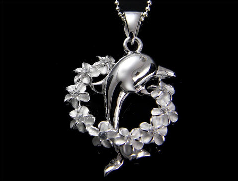 SILVER 925 HAWAIIAN SHINY DOLPHIN JUMPING THROUGH PLUMERIA FLOWER LEI PENDANT CZ (DJ-33)