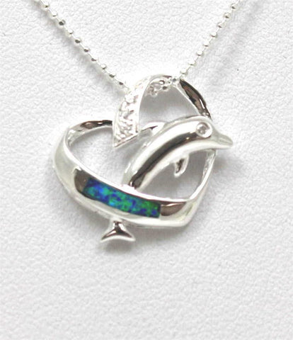 INLAY OPAL STERLING SILVER 925 HAWAIIAN DOLPHIN JUMPING THRU HEART PENDANT CZ (DJ-35)