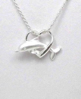 HEAVY SOLID 925 STERLING SILVER HAWAIIAN DOLPHIN THROUGH HEART SLIDE PENDANT (DJ-37)