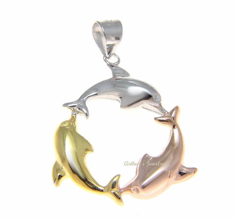 ROSE GOLD YELLOW GOLD 925 SILVER TRICOLOR HAWAIIAN DOLPHIN CIRCLE PENDANT 25MM (DJ-38)