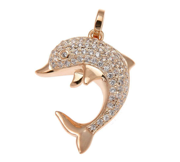 ROSE GOLD ON SOLID 925 STERLING SILVER HAWAIIAN DOLPHIN CHARM PENDANT CZ 16.50MM (DJ-41)