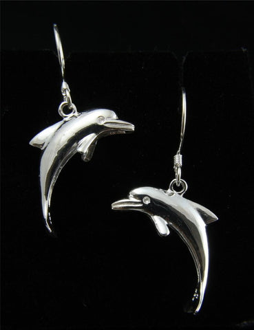 STERLING SILVER 925 HAWAIIAN HIGH POLISH SHINY DOLPHIN WIRE HOOK EARRINGS 20MM (DJ-43)