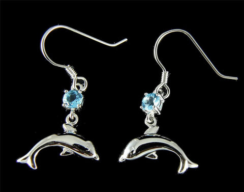 GENUINE BLUE TOPAZ SILVER 925 HAWAIIAN DOLPHIN WIRE HOOK EARRINGS RHODIUM (DJ-44)