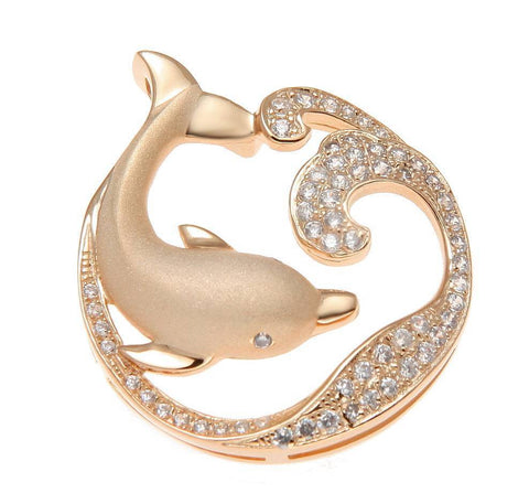 ROSE GOLD STERLING SILVER 925 HAWAIIAN DOLPHIN OCEAN WAVE SLIDE PENDANT CZ (DJ-59)