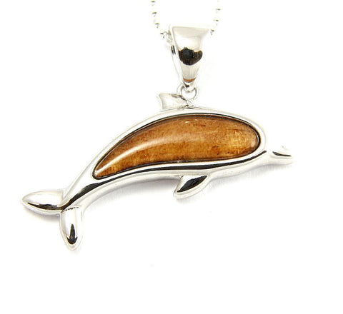 GENUINE INLAY HAWAIIAN KOA WOOD DOLPHIN PENDANT 30MM STERLING SILVER 925 (DJ-61)