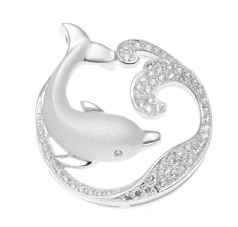 SOLID 925 STERLING SILVER HAWAIIAN DOLPHIN OCEAN WAVE SLIDE PENDANT CZ RHODIUM (DJ-62)