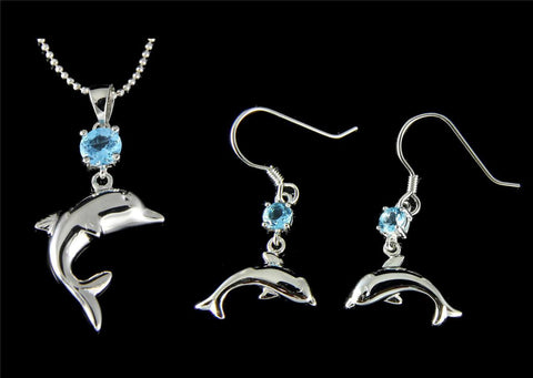 GENUINE BLUE TOPAZ SILVER 925 HAWAIIAN DOLPHIN PENDANT HOOK EARRINGS SET RHODIUM (DJ-64)