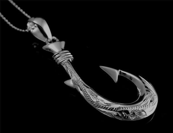 STERLING SILVER 925 HAWAIIAN SCOLL 2 SIDED 3D FISH HOOK PENDANT RHODIUM 17MM (FH-16)