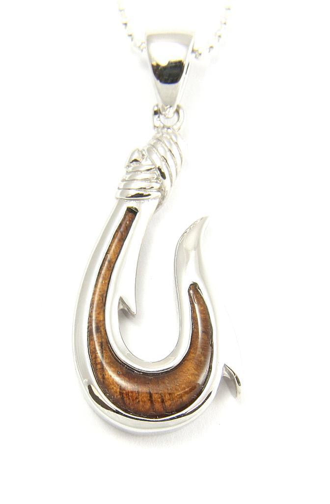 INLAY KOA WOOD FISH HOOK PENDANT THICK HEAVY SILVER 14MM – The Turtle  Factory and More
