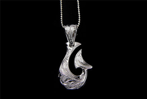 SILVER 925 HAWAIIAN SCROLL ENGRAVED FANCY FISH HOOK PENDANT EXTRA HEAVY 17.5MM (FH-21)