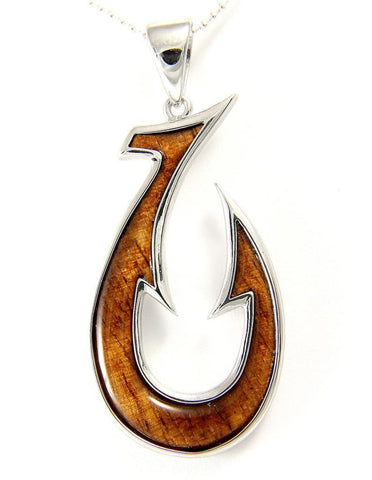 GENUINE INLAY HAWAIIAN KOA WOOD FISH HOOK PENDANT STERLING SILVER 925 LARGE 23MM (FH-23)