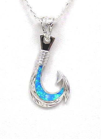 INLAY OPAL STERLING SILVER 925 HAWAIIAN SCROLL FISH HOOK PENDANT 18.50MM LARGE (FH-24)