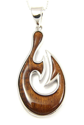 GENUINE INLAY HAWAIIAN KOA WOOD FANCY FISH HOOK PENDANT SILVER 925 LARGE 22MM (FH-25)