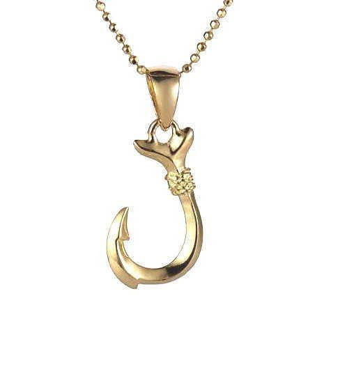 YELLOW GOLD PLATED STERLING SILVER 925 HAWAIIAN FISH HOOK PENDANT 2 SIDED 10MM (FH-3)