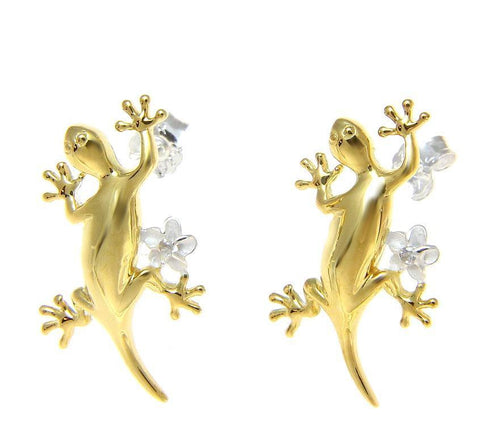 YELLOW GOLD STERLING SILVER 925 HAWAIIAN GECKO PLUMERIA FLOWER POST EARRINGS (GECKO-2)