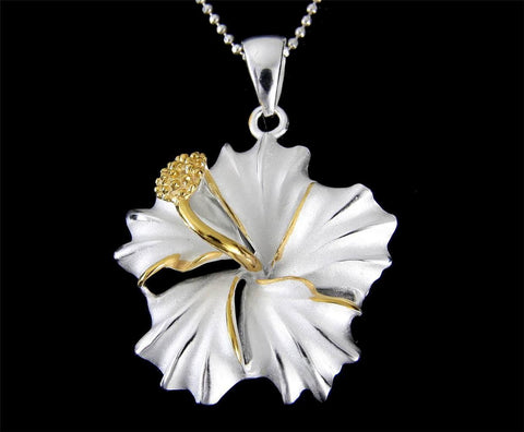 YELLOW GOLD PLATED 2TONE SILVER 925 HAWAIIAN HIBISCUS FLOWER PENDANT 12MM - 25MM (HP-2)