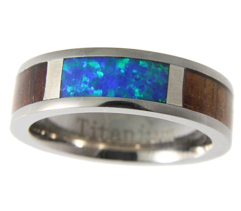 GENUINE HAWAIIAN KOA WOOD INLAY OPAL BAND RING TITANIUM COMFORT FIT 6MM (KOA-16)