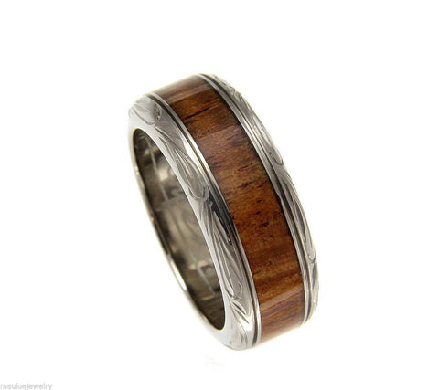 GENUINE INLAY HAWAIIAN KOA WOOD WEDDING BAND RING TITANIUM SCROLL 8MM (KOA-19)