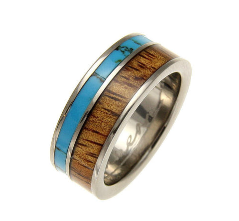 GENUINE INLAY HAWAIIAN KOA WOOD TURQUOISE WEDDING BAND RING TITANIUM 8MM (KOA-20)