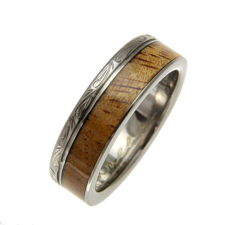 GENUINE INLAY HAWAIIAN KOA WOOD WEDDING BAND RING TITANIUM SCROLL 6MM SIZE 4-14 (KOA-21)