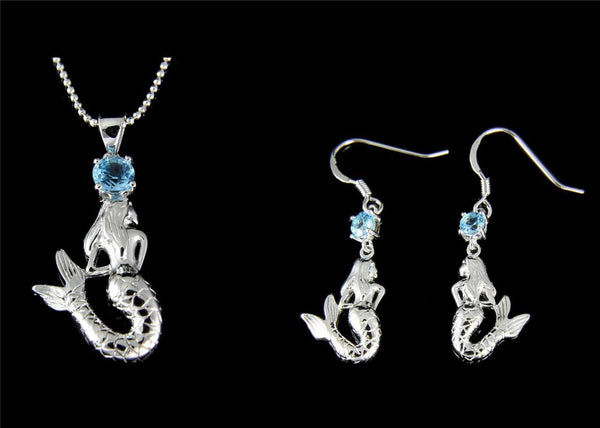 GENUINE BLUE TOPAZ 925 SILVER HAWAIIAN MERMAID PENDANT HOOK EARRINGS SET RHODIUM (MJ-10)