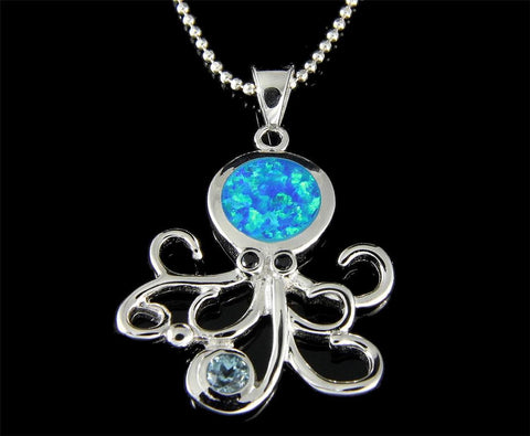 INLAY OPAL GENUINE BLUE TOPAZ SILVER 925 HAWAIIAN OCTOPUS PENDANT RHODIUM 21MM (OCTOPUS-1)