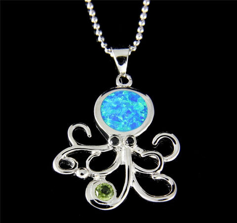 INLAY OPAL GENUINE PERIDOT SILVER 925 HAWAIIAN OCTOPUS PENDANT RHODIUM 21MM (OCTOPUS-2)