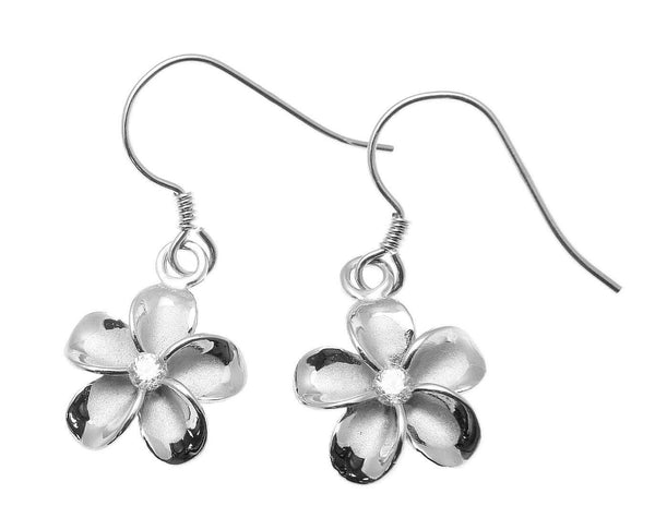 12MM STERLING SILVER 925 HAWAIIAN PLUMERIA FLOWER ON HOOK WIRE RHODIUM EARRINGS (PE-101)