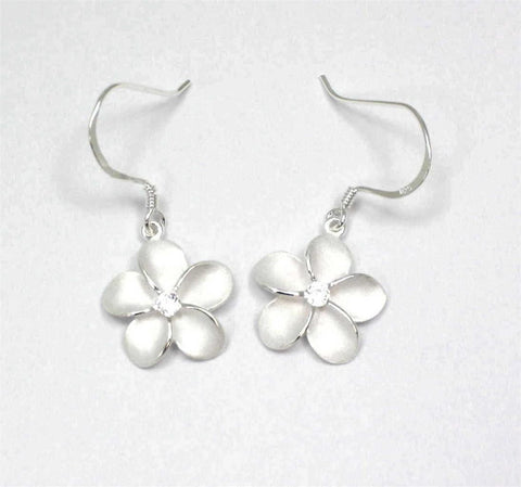 SILVER 925 HAWAIIAN PLUMERIA EARRINGS ON WIRE HOOK CZ 15MM (PE-104)