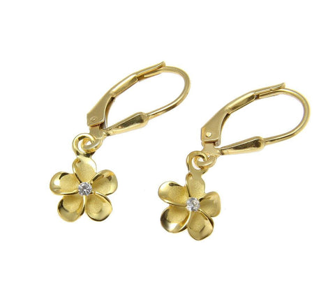 YELLOW GOLD ON SILVER 925 HAWAIIAN PLUMERIA FLOWER LEVERBACK EARRINGS 8MM -18MM (PE-105)