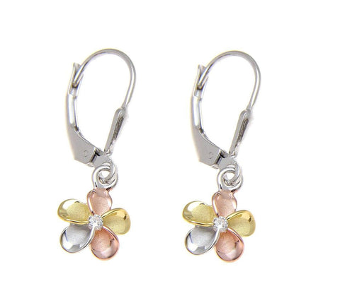 YELLOW ROSE GOLD SILVER 925 HAWAIIAN PLUMERIA LEVERBACK EARRINGS CZ 8MM-18MM (PE-106)