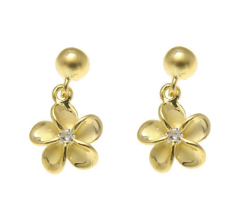 YELLOW GOLD ON SILVER 925 BALL DANGLE 8MM HAWAIIAN PLUMERIA FLOWER POST EARRINGS (PE-109)