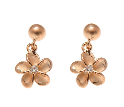 ROSE GOLD ON SILVER 925 BALL DANGLE 8MM HAWAIIAN PLUMERIA FLOWER POST EARRINGS (PE-110)