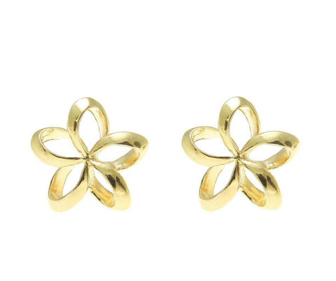 YELLOW GOLD STERLING SILVER 925 HAWAIIAN OPEN PLUMERIA FLOWER STUD EARRINGS 13MM (PE-111)