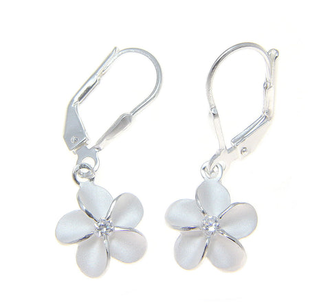 STERLING SILVER 925 HAWAIIAN PLUMERIA FLOWER LEVERBACK EARRINGS CZ 12MM (PE-115)