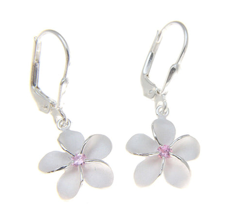 STERLING SILVER 925 HAWAIIAN PLUMERIA FLOWER LEVERBACK EARRINGS PINK CZ 12MM (PE-116)