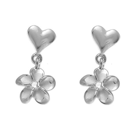 STERLING SILVER 925 RHODIUM HEART DANGLE HAWAIIAN PLUMERIA FLOWER EARRINGS (PE-118)