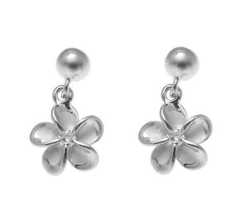 STERLING SILVER 925 RHODIUM BALL DANGLE 8MM HAWAIIAN PLUMERIA FLOWER EARRINGS (PE-119)