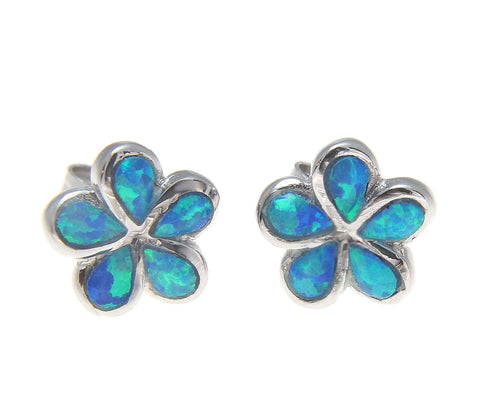 INLAY OPAL STERLING SILVER 925 HAWAIIAN PLUMERIA FLOWER STUD POST EARRINGS 8MM (PE-120)