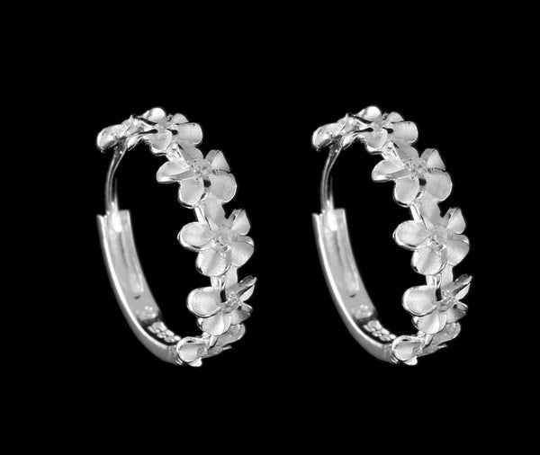 STERLING SILVER 925 6 HAWAIIAN PLUMERIA FLOWER HOOP EARRINGS CLEAR CZ (PE-122)