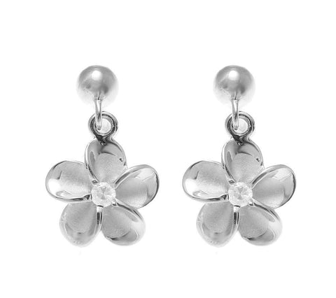 SILVER 925 RHODIUM BALL DANGLE 10MM HAWAIIAN PLUMERIA FLOWER POST EARRING (PE-124)