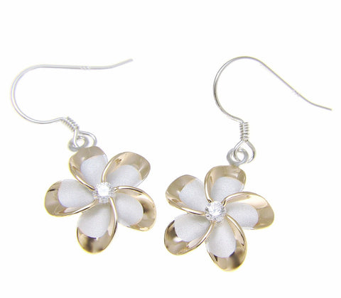 SILVER 925 RHODIUM YELLOW GOLD 15MM HAWAIIAN PLUMERIA FLOWER WIRE HOOK EARRINGS (PE-125)