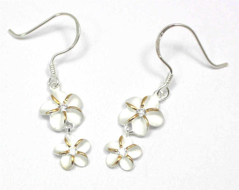 SILVER 925 HAWAIIAN PLUMERIA FLOWER 10MM DANGLE 8MM WIRE HOOK EARRINGS 2T CZ (PE-126)