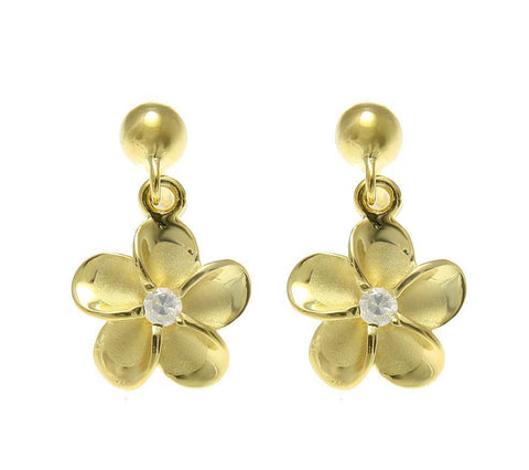 YELLOW GOLD SILVER 925 BALL DANGLE 10MM HAWAIIAN PLUMERIA FLOWER POST EARRINGS (PE-127)