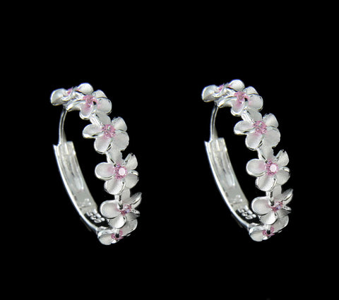 STERLING SILVER 925 6 HAWAIIAN PLUMERIA FLOWER HOOP EARRINGS PINK CZ (PE-133)